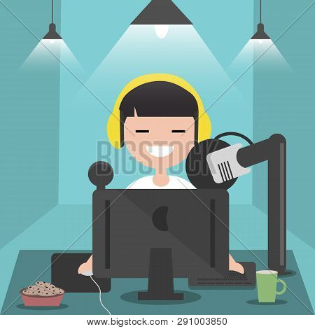 Young Character Sitting At Computer Desk.streaming.cloud Gaming Service.flat Cartoon Design.clip Art