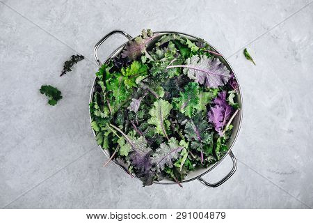 Green Baby Kale Leaves In White Colander On Gray Stone Background. Ingredient For Healthy  Smoothie,