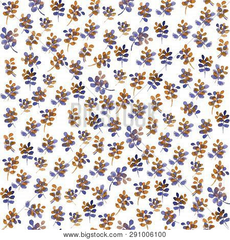 Watercolor Floral And Leavers, Hand Drawn Illustration, Blue And Orange Colors Autumn Pattern Color 