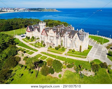 Magdalena Palace Or Palacio De La Magdalena Aerial Panoramic View. It Is A Palace Located On The Mag