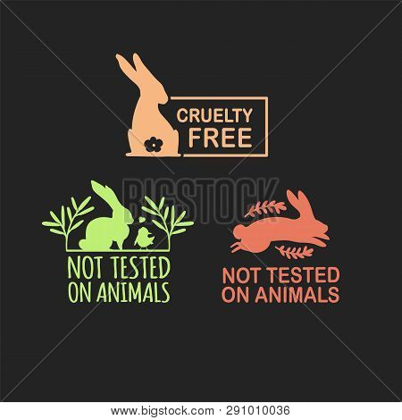 Set Animal Logo Cruelty Free. Sign With Silhouette Rabbit And Flower And Nature Leaf. Design Stapm F