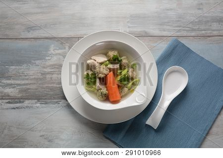 Chicken Soup With Matzah Balls (kneidlach) Carrots In The Bowl. Jewish Traditional Passover Pesach H
