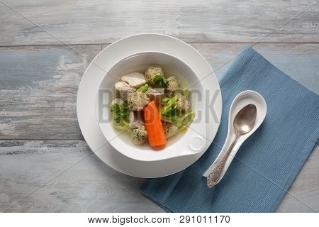 Chicken Soup With Matzah Balls (kneidlach) Carrots In The Bowl. Jewish Traditional Passover Pesach H