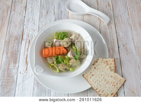 Chicken Soup With Matzah Balls (kneidlach) Carrots In The Bowl. Jewish Traditional Passover Pesach H