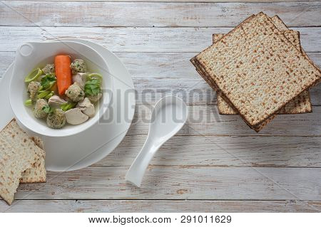 Chicken Soup With Matzah Balls (kneidlach) Carrots In The Bowl. Jewish Traditional Passover Pesach H