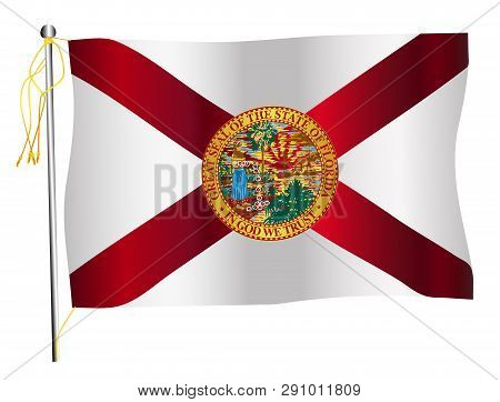 The Us State Of Florida Fluttering Flag Set Against Against A White Background.