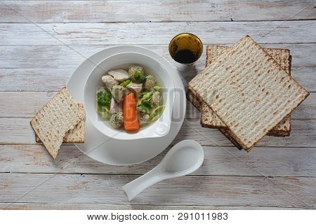 Chicken Soup With Matzah Balls (kneidlach) Carrots In The Bowl. Jewish Traditional Passover Pesach H