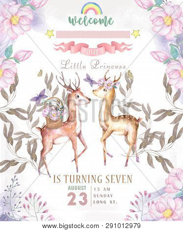 Cute Baby Deers Animal Isolated Illustration For Children. Bohemian Watercolor Boho Forest Deer Fami