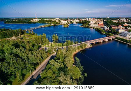 Aerial View Of Vyborg City Panorama, Russia. Beautiful Summer Landscape.