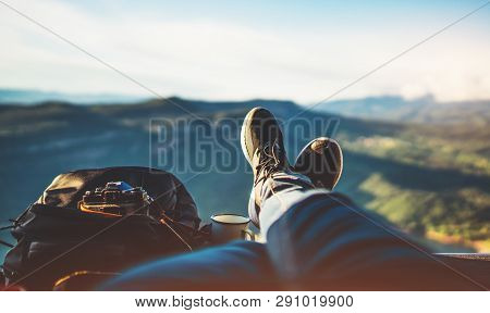 View Trekking Feet Tourist Backpack Photo Camera In Auto On Background Panoramic Landscape Mountain,