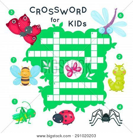 Cute Cartoon Baby Insects Crossword For Kids. Puzzle Game For Children. Butterfly And Bug, Bee And D