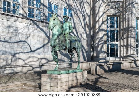 Hamburg, Germany - February 15, 2019: Equestrian Statue Of Rider (reiter) By Hermann Hahn.