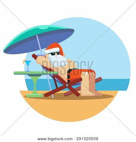 Santa Claus On Vacation In Summer On The Beach