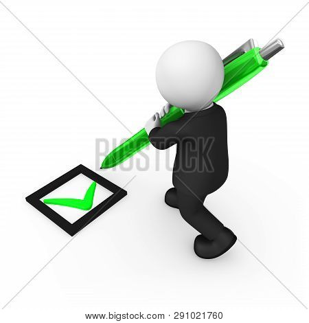 3d Business People. Businessman In Black Suite Signs With A Green Pen. Positive Desision. Choice Con