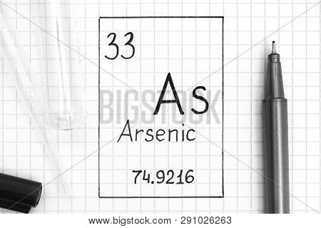 Handwriting Chemical Element Arsenic As With Black Pen, Test Tube And Pipette.