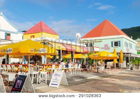 Philipsburg, St Maarten - November 16, 2018 - Red And Yellow Restaurant/bar By The Beach In Philipsb