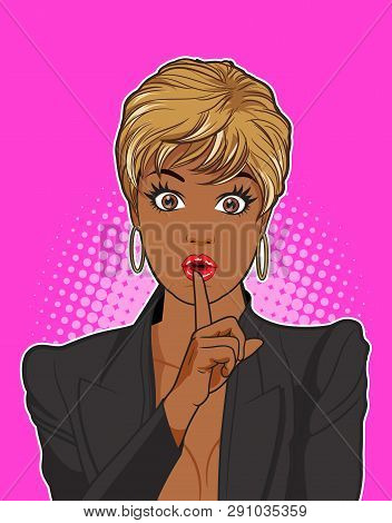 Woman With Finger On Lips, Silence Gesture, Pop Art Style Woman Banner, Shut Up.woman With Message S