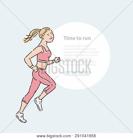 Young Girl Athlete Runs Summer Time Vector Line Art Flat Illustration Banner And Round Area For Text