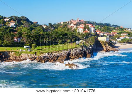 Comillas City Cliff Aerial Panoramic View, Cantabria Region Of Spain