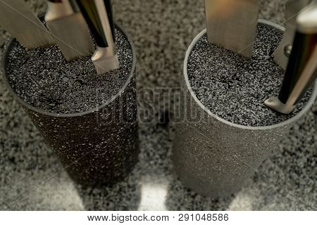 Set Of Kitchen Knives In A Two Stands