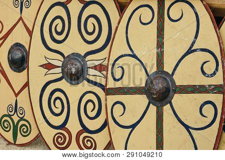 Roman Shields, Three Shields Close-up, Wooden Shield