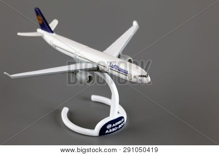 Tambov, Russian Federation - April 04, 2013 Lufthansa Airbus A330-300 Toy On Gray Background. Studio
