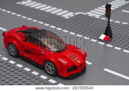 Tambov, Russian Federation - March 05, 2015 Laferrari By Lego Speed Champions On The Lego Road With 