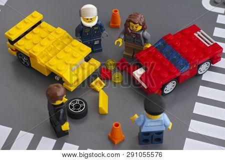 Tambov, Russian Federation - March 15, 2015 Lego Car Accident Scene. Two Custom Cars Crashed On The 