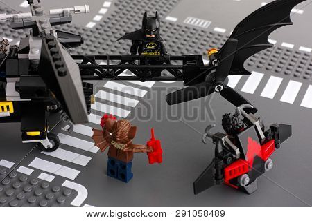 Tambov, Russian Federation - May 27, 2015 Lego Batman On Batcopter With Nightwing And Man-bat On The