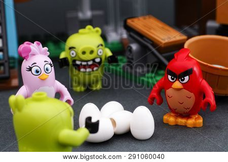 Tambov, Russian Federation - April 14, 2016 Lego Angry Birds. Red, Stella And 2 Piggies Standing Nea