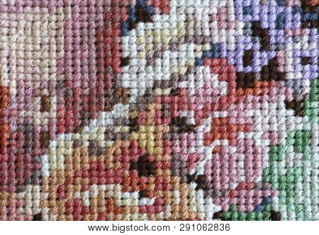 Multicolor Crossstitch Background. Full Frame. Close Up.