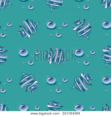 Sea Animal Water Seamless Pattern, Butterfly Fish. Tropical Underwater Aquatic Creatures. Water Drop