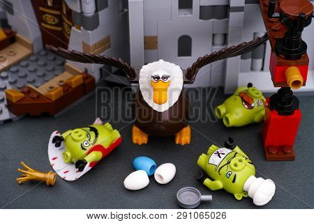 Tambov, Russian Federation - July 20, 2016 Lego Angry Birds. Three Bad Piggies Defeated By Mighty Ea