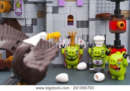 Tambov, Russian Federation - July 20, 2016 Lego Angry Birds. Three Bad Piggies Surrender To Mighty E