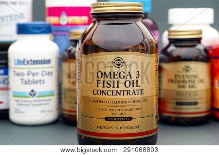 Tambov, Russian Federation - August 22, 2017 Bottle With Omega 3 Fish Oil Concentrate By Solgar. Som