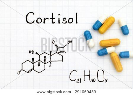 Chemical Formula Of Cortisol With Some Pills. Close-up.