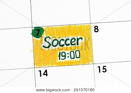 Reminder Soccer 19-00 In Calendar. Close Up.