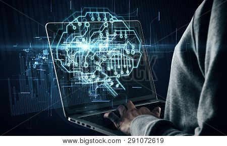 Side View Of Hands Using Laptop With Glowing Circuit Brain Hologram. Ai And Futuristic Concept. Doub