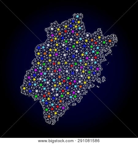 Polygonal Vector Map Of Fujian Province With Glare Effect On A Black Background. Abstract Triangles,