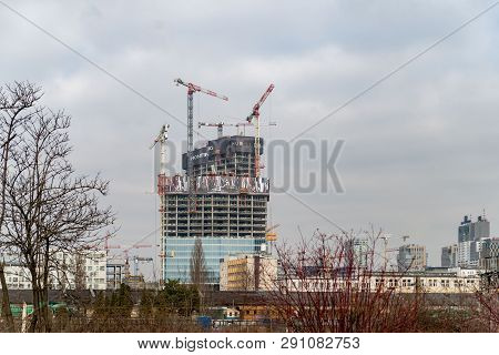 Warsaw Poland. February 18, 2019. Construction Of A New Skyscraper. View Of The Building From The Ro