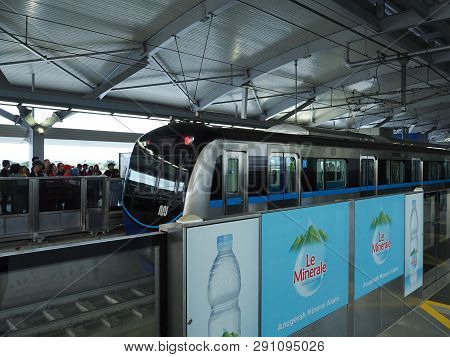 Jakarta, Indonesia - March 23, 2019: Mrt Jakarta Train Running At Lebak Bulus Mrt Station.