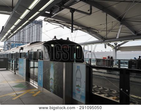 Jakarta, Indonesia - March 23, 2019: Mrt Jakarta Train Running At Lebak Bulus Mrt Station.