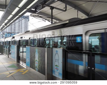 Jakarta, Indonesia - March 23, 2019: Mrt Jakarta Train Running At Lebak Bulus Mrt Station.