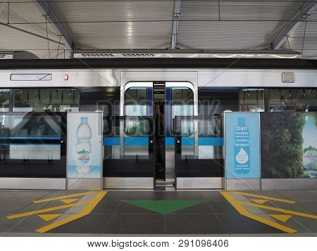 Jakarta, Indonesia - March 23, 2019: Mrt Jakarta Train Arrives At Lebak Bulus Mrt Station.
