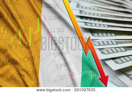 Ivory Coast Flag And Chart Falling Us Dollar Position With A Fan Of Dollar Bills