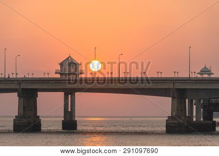 Scenery Sunset At Sarasin Bridge. The Bridge Is The Most Important In Making Businesses 
From The Pr