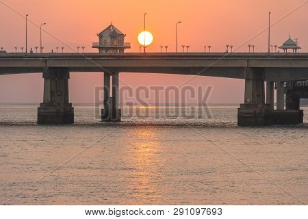 Scenery Sunset At Sarasin Bridge. The Bridge Is The Most Important In Making Businesses 
From The Pr