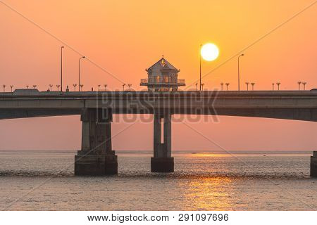Scenery Sunset At Sarasin Bridge. The Bridge Is The Most Important In Making Businesses 
From The Pr