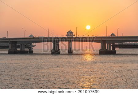 Scenery Sunset At Sarasin Bridge. The Bridge Is The Most Important In Making Businesses 
From The Pr