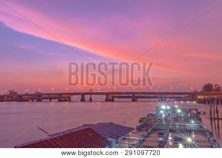 Scenery Sunset At Sarasin Bridge. The Bridge Is The Most Important In Making Businesses 
From The Pr